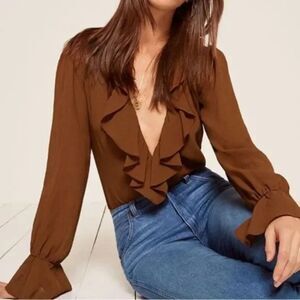 Reformation Bodysuit Womens Large Penny Bodysuit Brown Chiffon Ruffle Cuffs
